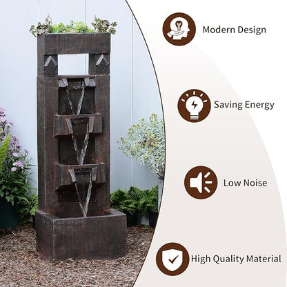 40.9" H 4-Tier Indoor/Outdoor Modern Water Fountain with Led Lights and Pump, Outdoor Freestanding Cascading Waterfall - Suitable for Garden, Patio, Porch, Yard and Outdoor Decor (Brown)