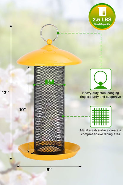 Gtongoko Finch Bird Feeders for Outdoors 2.5 LB Capacity Squirrel Proof Metal Tube Bird Feeders Thistle & Nyjer Seed Hanging Feeder, Yellow, 1 Pack