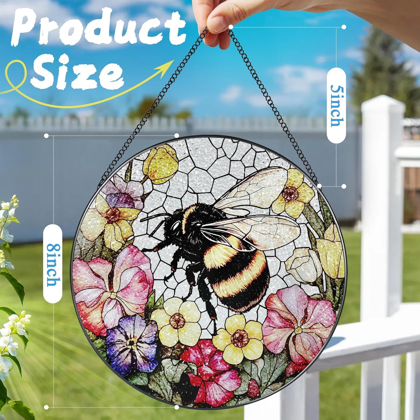 Stained Glass Window Hanging, 8 Inch Bee Stained Glass Ornament, Suncatchers for Windows Hanging, Window Decor, Gift for Garden Lover, Teacher Gift, Holiday, Birthday Gifts for Women Mom and Grandma