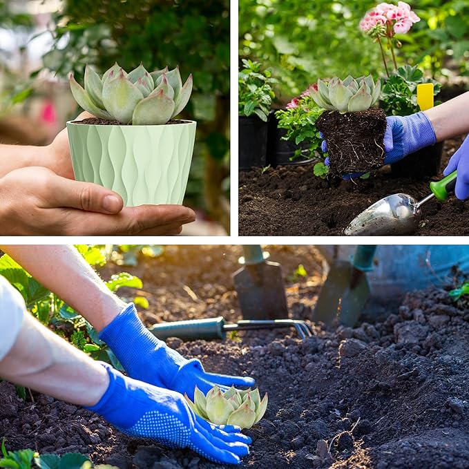 4 Inch Small Pots for Plants, 6 Pack Waffle Texture Small Plant Pots for Succulents, Plastic Planter with Drainage Holes and Saucers for Indoor Outdoor Plants, Flowers, Herbs, Seedlings, Green