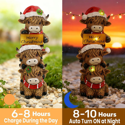 Glintoper Solar Garden Highland Cow Statue, 12" Outdoor Christmas Decoration Lighted Triple Stacked Resin Cow Whimsical Yard Art, Ideal Xmas Birthday, for Porch Pathway Patio Lawn