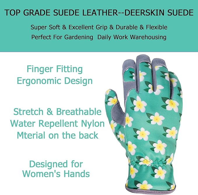 SKYDEER Premium Genuine Deerskin Suede Women's Gardening Gloves, Ultra-Soft Padded, Comfort Fit for Work (SD6611/L)