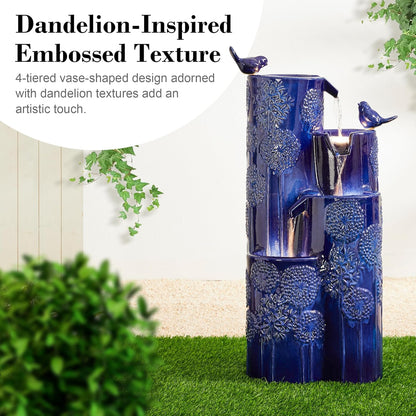 Glitzhome 32" H Outdoor Water Fountain with LED Lights and Pump, 4 Tier Ceramic Cobalt Blue Dandelion Texture Outdoor Fountains and Waterfalls with Cute Birds, for Porch Deck Garden Patio Backyard