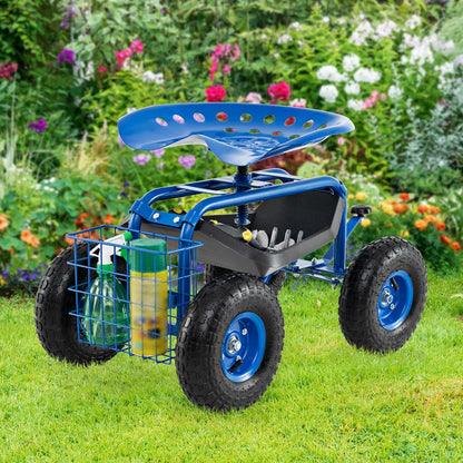 Goplus Garden Seat with Wheels, Rolling Garden Cart with 360 Degree Swivel Seat for Planting, Gardening Stool w/Tool Tray, Basket, Gardening Chair Workseat, Patio Wagon Scooter for Seniors