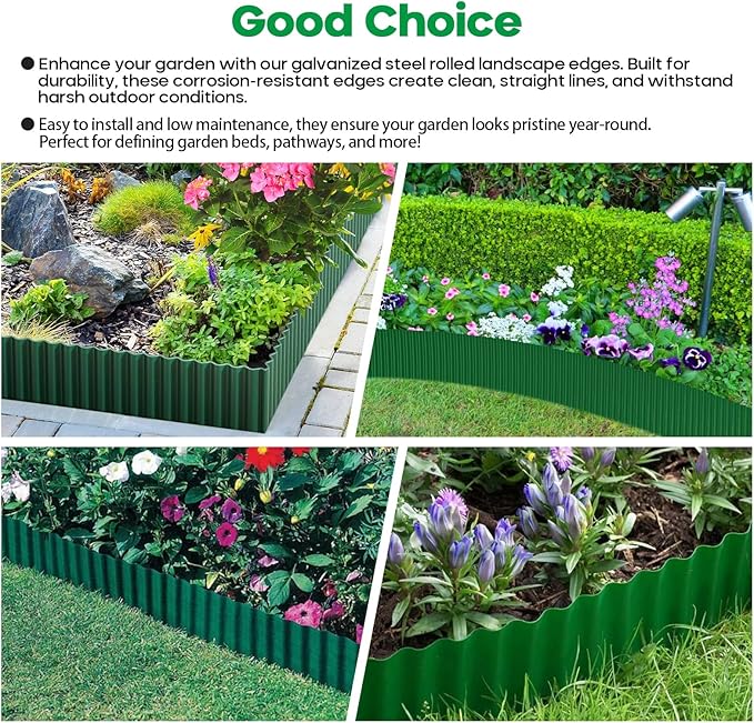Corrugated Metal Garden Edging,Sturdy Tall Landscape Edging Borders with 6pcs Anchor Stakes, Perfect DIY for Flower Beds, Lawn and Pathway,Tree Surrounds,Paver Edges (Green 10"×20FT)