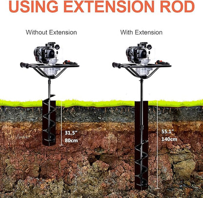 DC HOUSE 52cc 1800W Gas Powered Earth Auger EPA Certified Post Hole Digger, with 3 Drill Bits 6" 10" 12" and 3 Extension Rods 8" 12" 20", Mixing Ratio 30:1, for Fence, Farmland and Garden