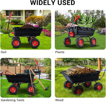 Generic Heavy Duty Garden Dump Cart, 800 Lbs Capacity Poly Utility Cart with 10in Pneumatic Tires & Rotating Handle for Yard, Garden, Lawn