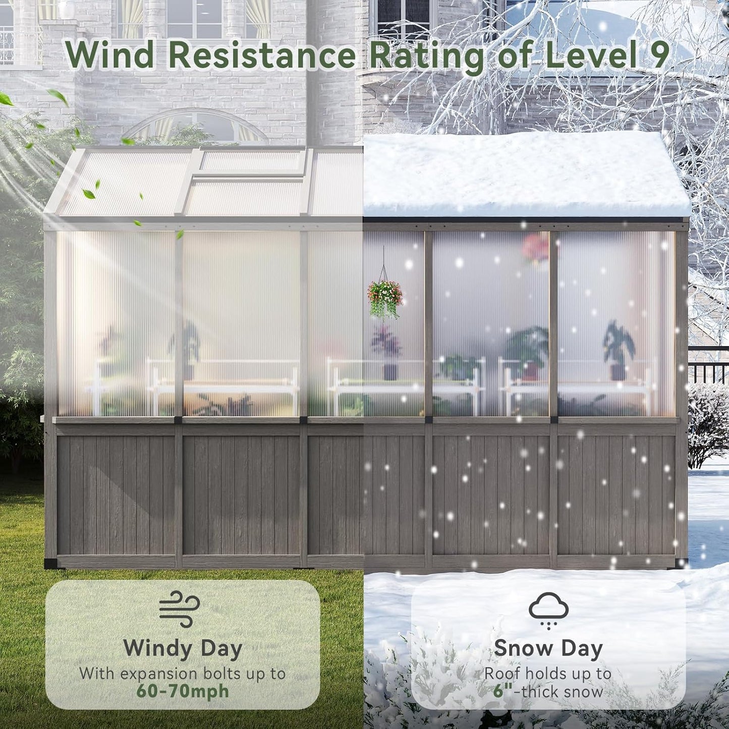 Aoxun 6x10 FT Walk-in Wooden Greenhouse,Solid Cedar Frame,Polycarbonate Panels, Automatically Temperature Control Roof Vent and Lockable Door,for Outdoor, Garden, Backyard,Patio, Lawn, Gray