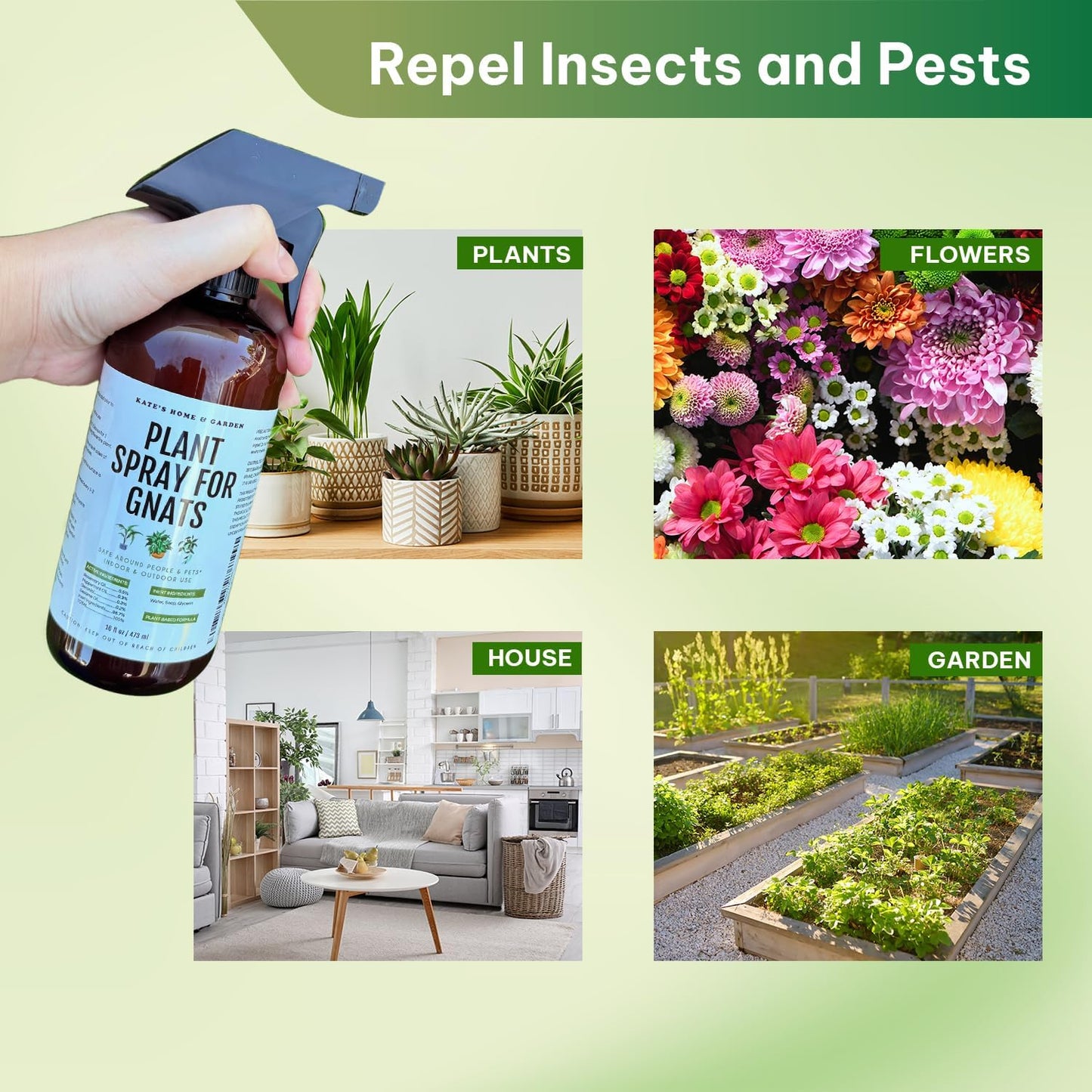 Kate's Garden Plant Spray for Insects & Getting Rid of Gnats. Fungus Gnat Killer & Bug Spray for Indoor Plants (16oz, Pet Safe, Non Toxic)