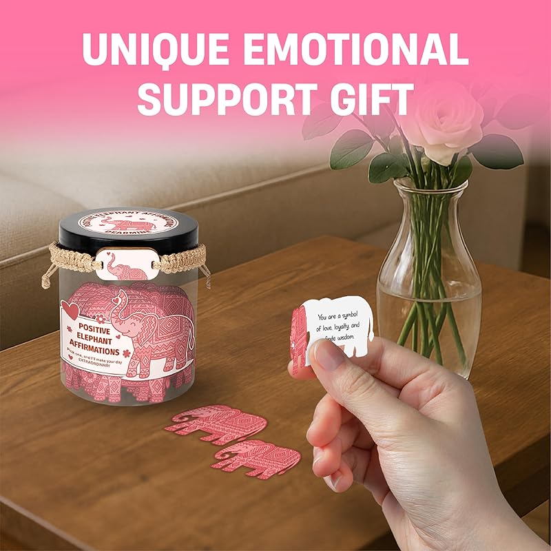 60 Emotional Support Elephant Affirmation Cards Jar, Positive Elephant Gifts, Elephant Stress Relief Gifts, Elephant Themed Gifts, Women Gifts Unique, Teen Girl Birthday Gifts