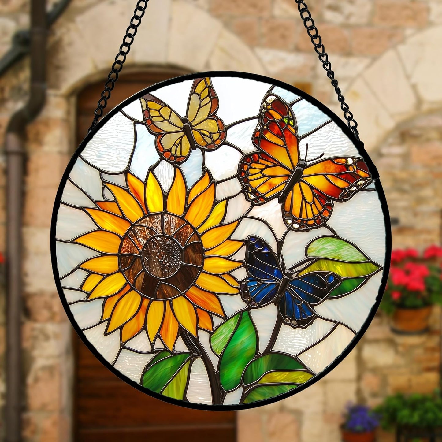 Stained Glass Window Hanging, Butterfly and Sunflowers Sun Catchers Glass Panel Plant Insects Suncatcher Decor for Birthday for Women, Men, Wife, Aunt, and Mom 7.8 in