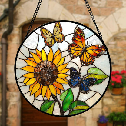 Stained Glass Window Hanging, Butterfly and Sunflowers Sun Catchers Glass Panel Plant Insects Suncatcher Decor for Birthday for Women, Men, Wife, Aunt, and Mom 7.8 in