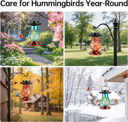 Solar Hummingbird Feeder for Outdoor - 25 fl.oz Hand Blown Glass Hummingbird Feeders for Outdoors Hanging, Large Capacity with Moat, 6 Colors Changing Light Outside Garden Decor (Red)
