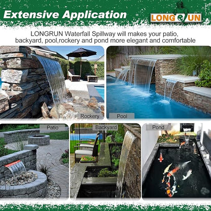 LONGRUN Waterfall Spillway, APP Control Multi-Color LED Light Outdoor Pool Fountain, Acrylic Water Spillway Koi Pond Waterfalls Fountains Kit for Garden Patio Swimming Pool Decoration-35.4"