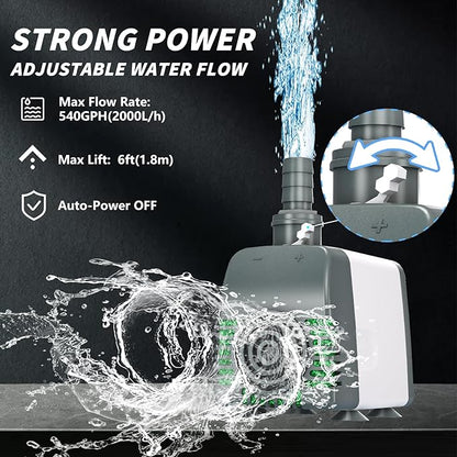 540GPH Submersible Water Pump - Fountain pumps with Auto Shut Off, Adjustable Flow & Ultra-Quiet for Fountains, Ponds, Aquariums, Fish Tank, and More