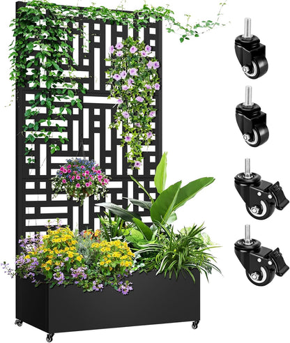 Metal Planter Box with Trellis, 72"x35"x16" Metal Raised Garden Bed with Trellis, Planter Box with Drainage Holes & Lockable Casters for Climbing Plants, Vegetables, and Vines