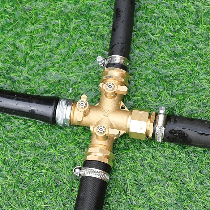 Garden Hose Splitter High Flow Splitter No Restricted-Flow Connector Heavy Duty Brass Hose Splitter with Shut Off Valves 3 way Hose Bib Adapter (Cross 3 way)