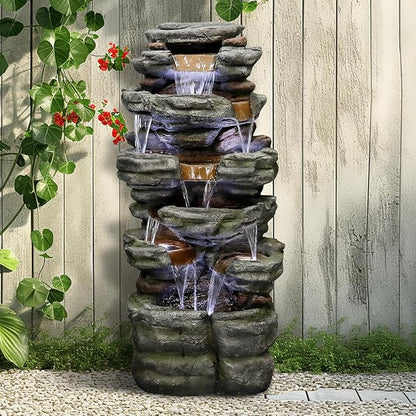 SunJet 47.2" High 6-Tiers Cascading Rock Outdoor Water Fountain with LED Lights - Large Outdoor Fountains and Waterfalls for Garden or Patio, Yard, and Deck Decor, Featuring Natural Stone Look