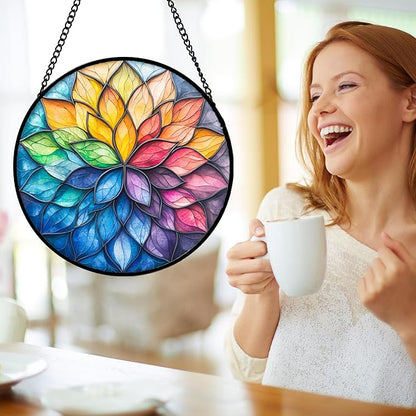 Stained Glass Window Hanging, Colorful Flower Petals Sun Catchers Diamond Glass Panel Hangings Suncatcher Decor for Birthday for Women, Men, Wife, Aunt, and Mom 14.9x14.9 in