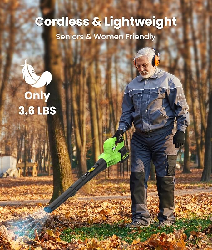 21V Lightweight Leaf Blower Cordless with Battery and Charger 2 x 4.0Ah Powerful 2-Speed Electric Blowers for Lawn Care, Blowing Leaves, Patio, House, Depot (Green)