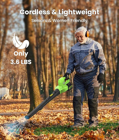 21V Lightweight Leaf Blower Cordless with Battery and Charger 2 x 4.0Ah Powerful 2-Speed Electric Blowers for Lawn Care, Blowing Leaves, Patio, House, Depot (Green)