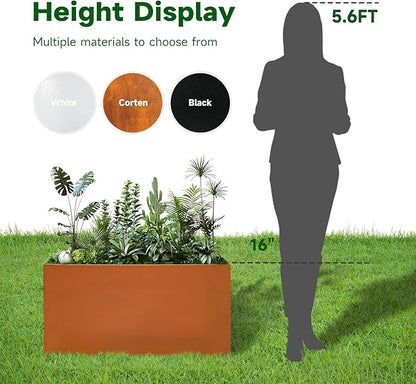 Corten Steel Corner Metal Planter Box L32 x W12 x D16 Garden Steel Planter Pot for Patio Modern Farmhouse Rustic Design (L32 x W12 x D16, Rusted)
