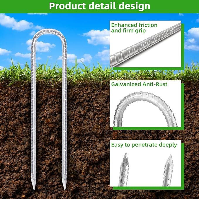 Trampoline Stakes Anchors High Wind 16inx10mm Galvanized U Hook 8pcs Rebar Stakes – Heavy Duty Ground Anchors for Trampoline,Yard & Inflatable,Landscape Metal Stakes for Outdoor Decorations