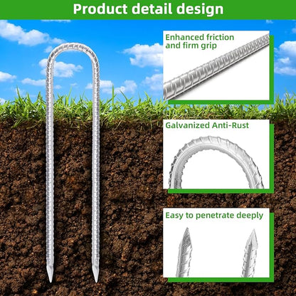 Trampoline Stakes Anchors High Wind 16inx10mm Galvanized U Hook 8pcs Rebar Stakes – Heavy Duty Ground Anchors for Trampoline,Yard & Inflatable,Landscape Metal Stakes for Outdoor Decorations