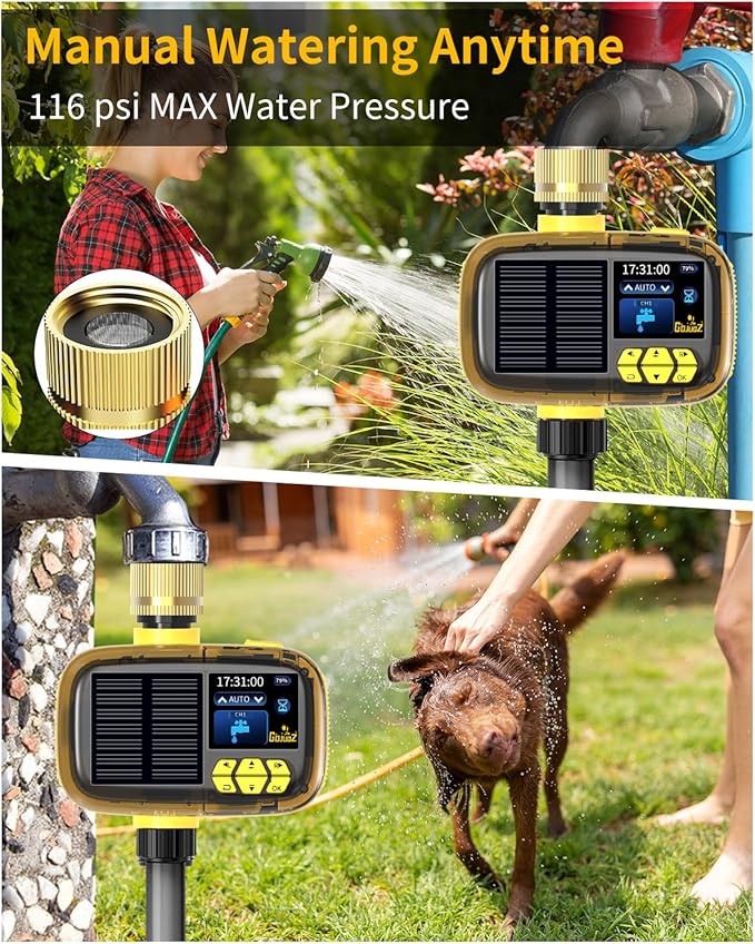 Solar Sprinkler Timer, Hose Timers for Watering - Programmable Water Timer for Garden/Yard, Brass Connector, Manual/Rain Delay Modes Outdoor Irrigation