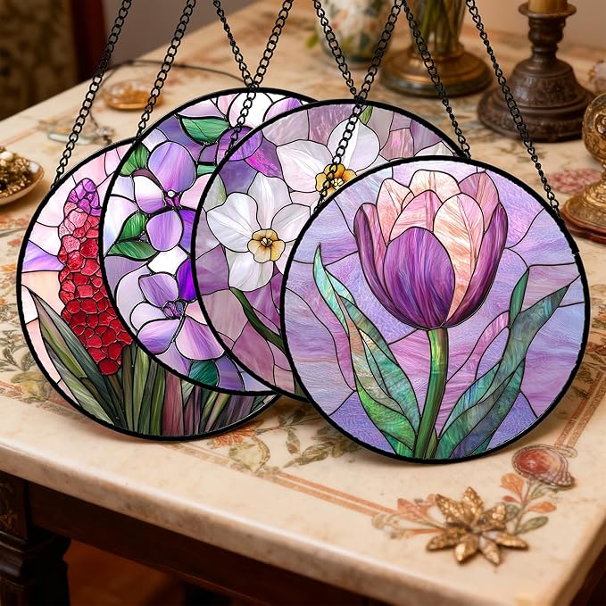 Stained Glass Window Hanging 4 Pcs Set Purple Flower Theme 7.8" - Tulip Suncatcher Door Garden Sun Catcher Decor Birthday Christmas for Plant Lovers Woman Nana Men