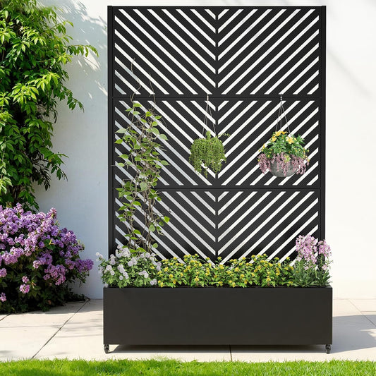 Metal Raised Garden Bed with Trellis & Wheels,72" x 47"x 15.7" Planter Box with Trellis,Privacy Planters for Patio,Garden Bed for Climbing Plants,Suitable for Climbing Plants and Vegetables,Black