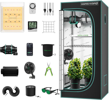 MARS HYDRO 2x2 Grow Tent Kit Complete System with 10 Speed Fan,100W TS600 LED Full Spectrum Grow Light,24"x24"x55" 1680D High Reflective Mylar Grow Tent,4 inch Smart WiFi Control Ventilation System