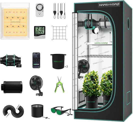 MARS HYDRO 2x2 Grow Tent Kit Complete System with 10 Speed Fan,100W TS600 LED Full Spectrum Grow Light,24"x24"x55" 1680D High Reflective Mylar Grow Tent,4 inch Smart WiFi Control Ventilation System