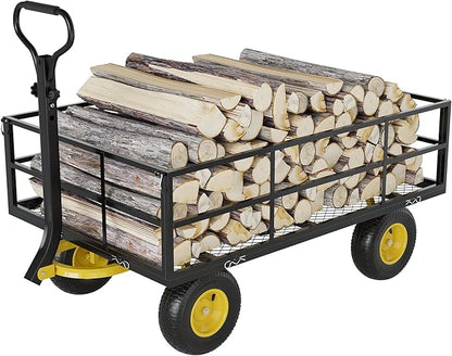 3-in-1 Heavy-Duty Steel Garden Cart, 1200 Lbs Garden Wagon, with 13 Inch All-Terrain Tires and Removable Mesh Side Panels, 180° Rotating Handle, Metal Multi-Function Carts, Outdoor Gardens Wagon Cart