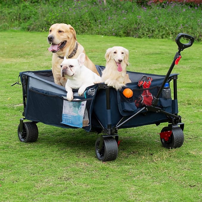 TIMBER RIDGE 600L Beast Wagon 26" W Extra Wide All Terrain Folding w/Big Wheels, Cargo Net & Tailgate, 26" W and 55.25" L, 400lbs Heavy Duty Collapsible Portable Cart for Camping, Sports, Dogs, Blue