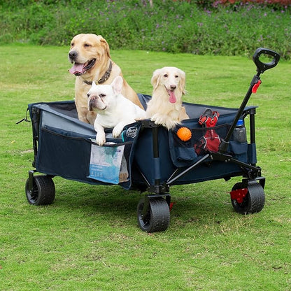 TIMBER RIDGE 600L Beast Wagon 26" W Extra Wide All Terrain Folding w/Big Wheels, Cargo Net & Tailgate, 26" W and 55.25" L, 400lbs Heavy Duty Collapsible Portable Cart for Camping, Sports, Dogs, Blue