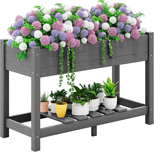 SERWALL Raised Garden Bed, HDPE Raised Bed for Gardening All Weather Use- Grey