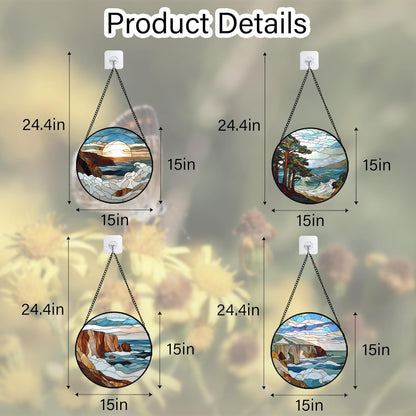 Stained Glass Window Hanging 4 Pcs Set Ocean Waves Large 15" - Blue and White Sea Suncatcher Door Garden Sun Catcher Decor Birthday Christmas for Mom Woman Nana Men