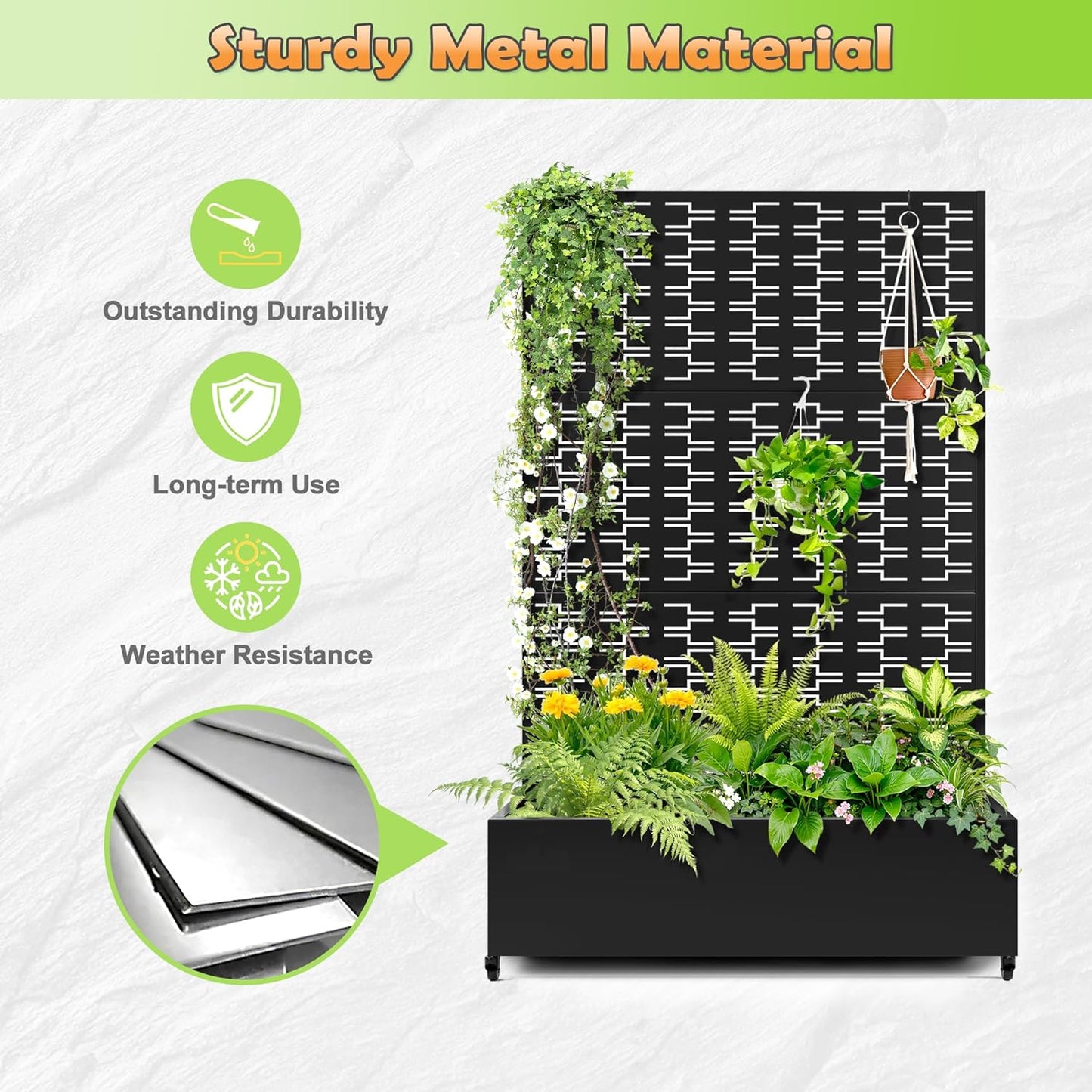 Metal Raised Garden Bed with Trellis, 2-in-1 Planter Box & Privacy Screen for Climbing Plants, Outdoor Standing Flower Bed with Drainage Holes, 47.2" L x 16.7" W x 70.8" H, Black-Brick
