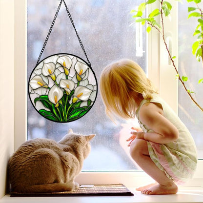 Stained Glass Window Hanging, White Calla Lily Suncatcher Diamond Glass Panel Hangings Flowers Sun Catchers Decor for Birthday for Women, Men, Wife, Aunt, and Mom 11.8x11.8 in