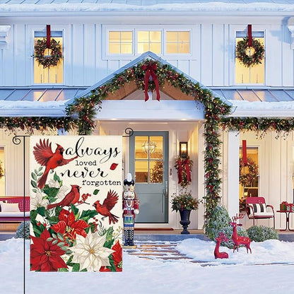 AVOIN colorlife Always Loved Never Forgotten Memorial Garden Flag 12x18 Inch Double Sided Outside, Cardinal Christmas Poinsettia Yard Outdoor Decorative Flag