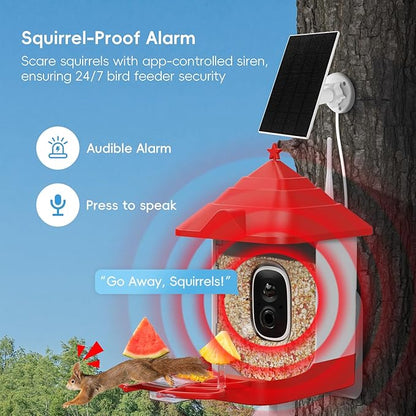 Smart Bird Feeder with Camera, Solar Panel & 5200mAh Battery, 4K HD Video, AI Identification, Instant Arrival Alerts & Alarm, IP65 Weatherproof, 32GB Card, 2L Capacity, Bird Lover’s Smart Companion