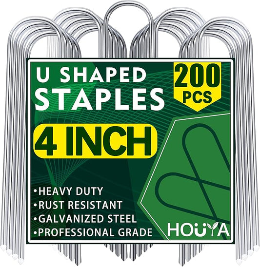 200 Pack Garden Stakes 4 Inch U-Shaped Drip Irrigation Stakes Galvanized Landscape Staples Garden Pins Ground Stakes for Soaker Hose Drip Line Tubing Yard Lawn Staples