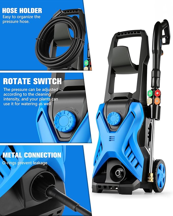 5000 PSI 2.8 GPM Pressure Cleaner High Power Cleaner Adjustable Pressure 2500PSI-5000PSI with 33FT Extension Hose Reel, 4 Nozzles and Soap Bottle for Cars/Fences/Driveways (Blue, No Hose)