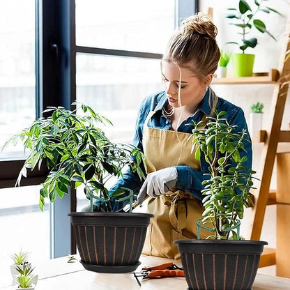 FGstyle 4 Pack Flower Pots,8 Inch Plants Pot,Planters Pot with Drainage Hole & Saucer,Modern Planters for Indoor Outdoor Plants,Decorative Resin Garden Pots for Outdoor Indoor Home Plants (Black)