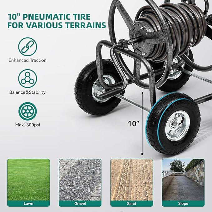 250FT Garden Hose Reel Cart with 10" Pneumatic Tires, Heavy-Duty Steel Frame for Tangle-Free Water Hose Storage, Easy-Rolling Lawn & Yard Hose Holder