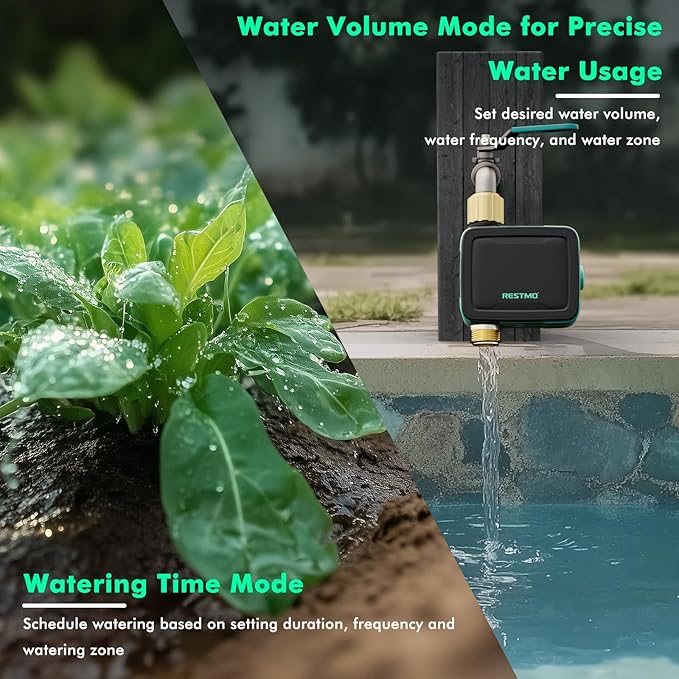 RESTMO Smart Sprinkler Timer with Flow Meter, Water Timer for Garden Hose, Brass Inlet & Outlet, Automatic Lawn & Yard Irrigation Watering System, APP Remote Control (2.4Ghz WiFi Connection)