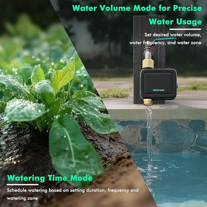 RESTMO Smart Sprinkler Timer with Flow Meter, Water Timer for Garden Hose, Brass Inlet & Outlet, Automatic Lawn & Yard Irrigation Watering System, APP Remote Control (2.4Ghz WiFi Connection)