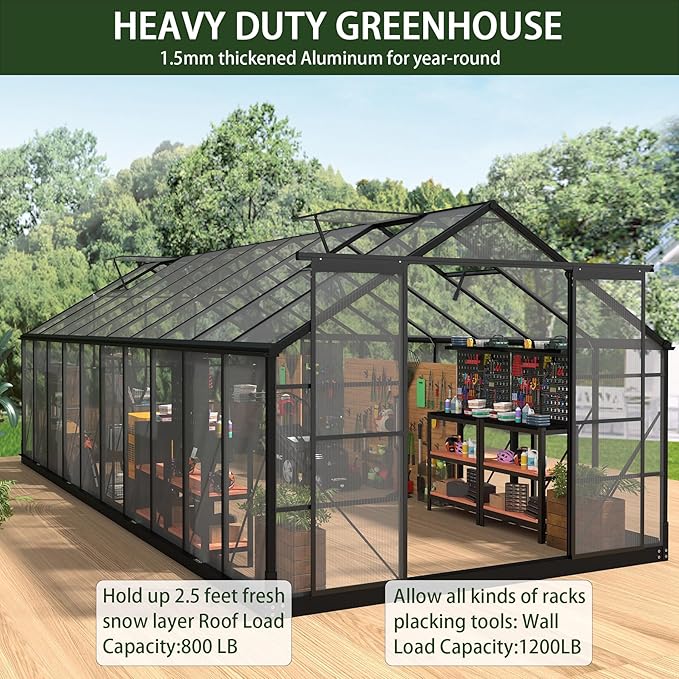 Greenhouses for Outdoors, 8x20 FT Polycarbonate Greenhouses with 4 Adjustable Roof Vents, Walk-in Aluminum Frame Green Houses for Outside with Sliding Doors, Windproof, Graden(8x20FT)