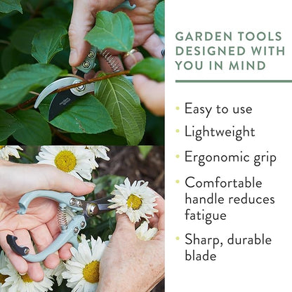 Modern Sprout Hand Pruners & Shears Set - Lightweight Gardening Tools W/Easy Lock - Sharp Carbon Steel Blades -Rust Resistant Scissors for Herbs, Flowers - Reusable Holster - Green